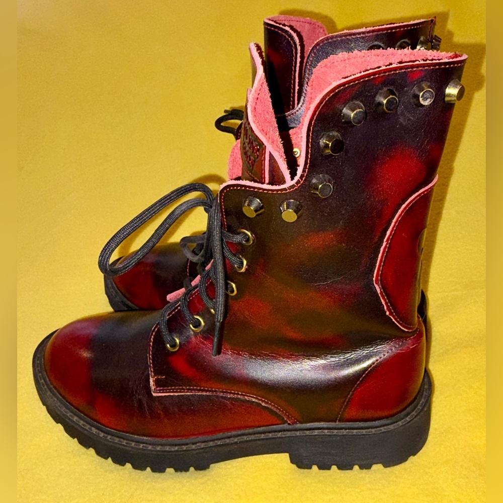 Red Leather Combat Boots - Women's Lace-Up Ankle Boot - Picture 5 of 9